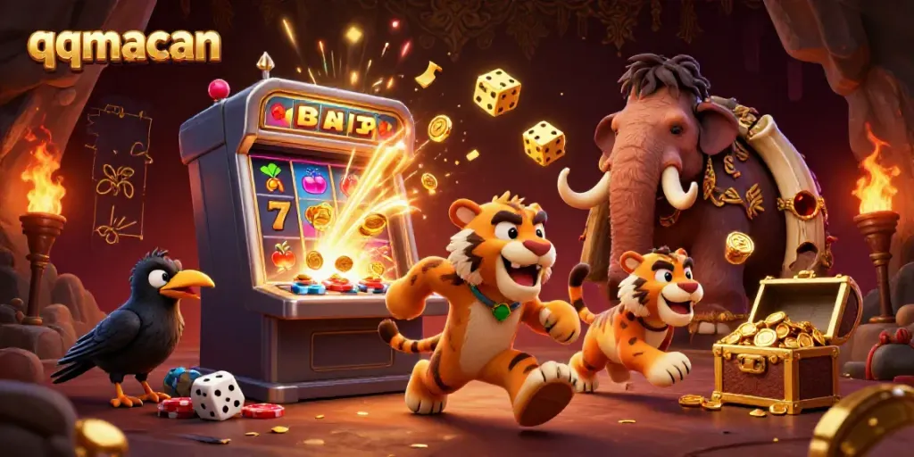 Experience the exciting world of qqmacan, where a cartoon caveman and a sabertooth tiger manage a vibrant prehistoric casino.