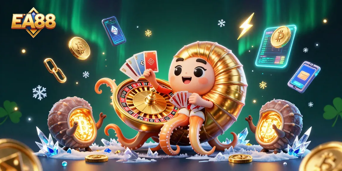 EA88 brings excitement with a giant nautilus roulette wheel and glowing crypto coins in a dynamic casino scene.