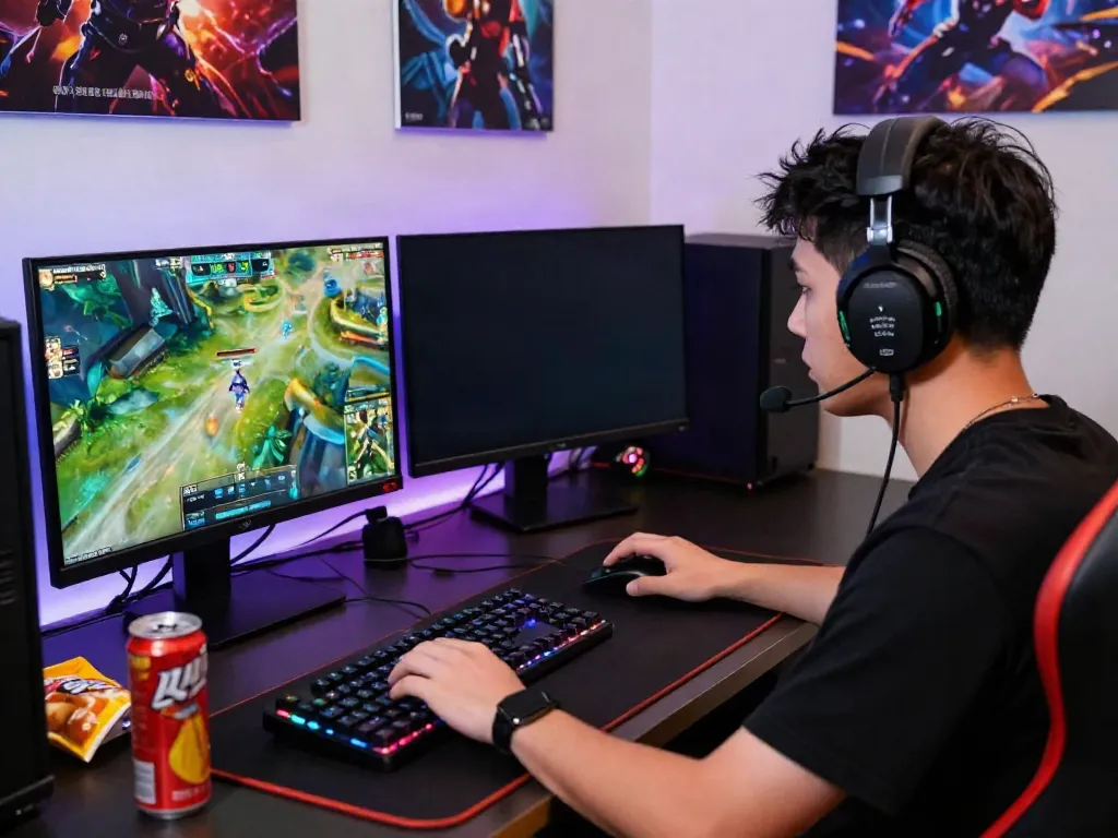 Engaged player in online gaming setting, showcasing unsurtoto gaming experience with vibrant graphics.