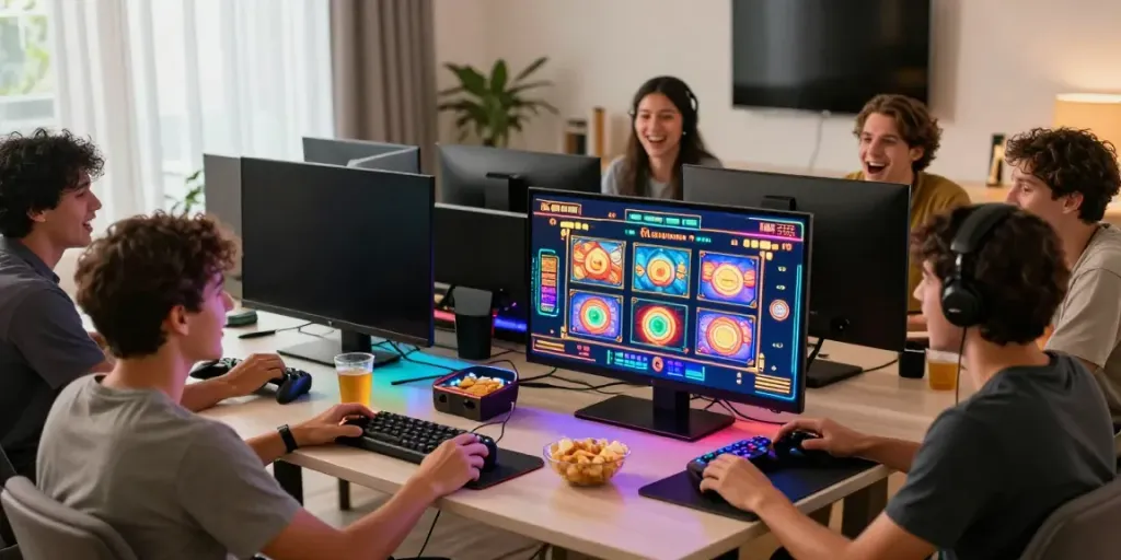 Group enjoying a lively slot gaming session with friends, showcasing excitement and engagement.