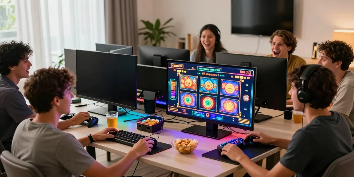 Group enjoying a lively slot gaming session with friends, showcasing excitement and engagement.