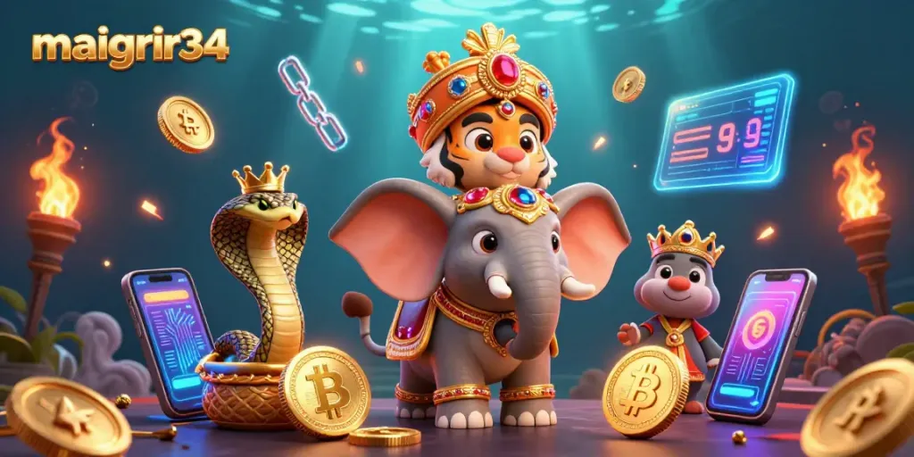 Jouez sur maigrir34 avec un tigre maharaja et un éléphant dans une illustration 3D colorée