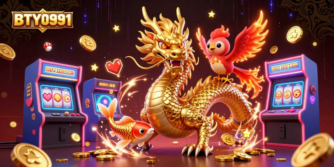 Experience the thrill of BTY0991 with golden dragon and phoenix in a vibrant casino setting.