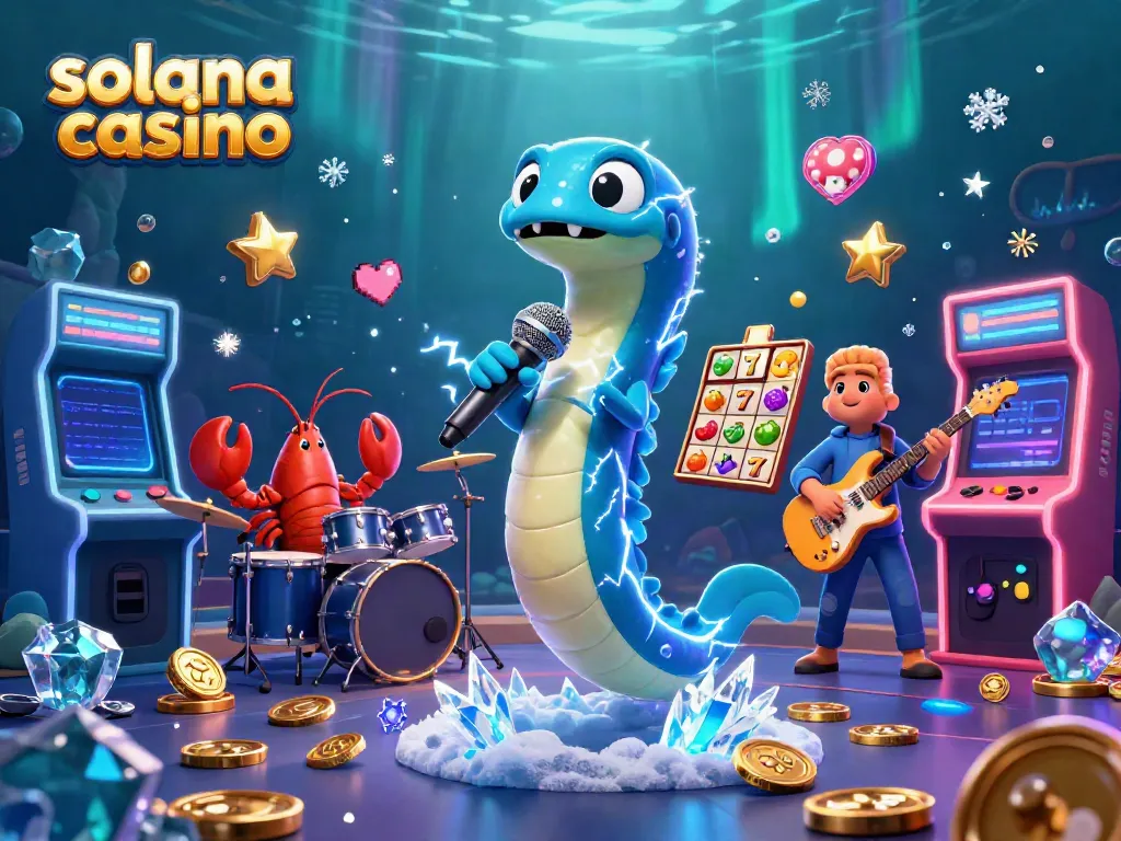 Showcase your skills at the solana casino with a vibrant underwater scene featuring a DJ eel and vibrant game elements.