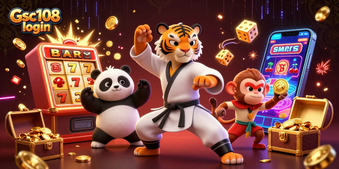 Gsc108 login to an exciting casino adventure featuring a kung fu tiger and fun slot elements.