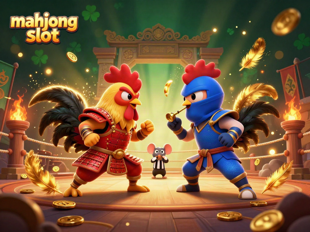 Engage with mahjong slot excitement as roosters battle in a vibrant 3D casino setting!