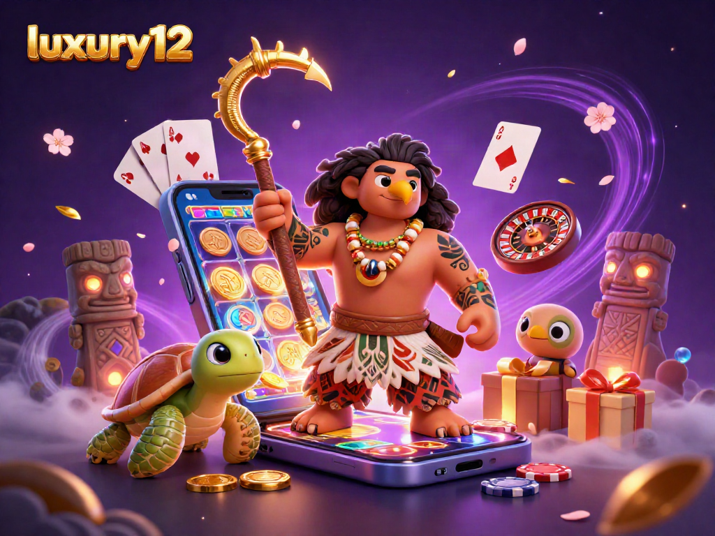 Experience the excitement of luxury12 slots with a vibrant casino scene featuring a demigod and turtle.