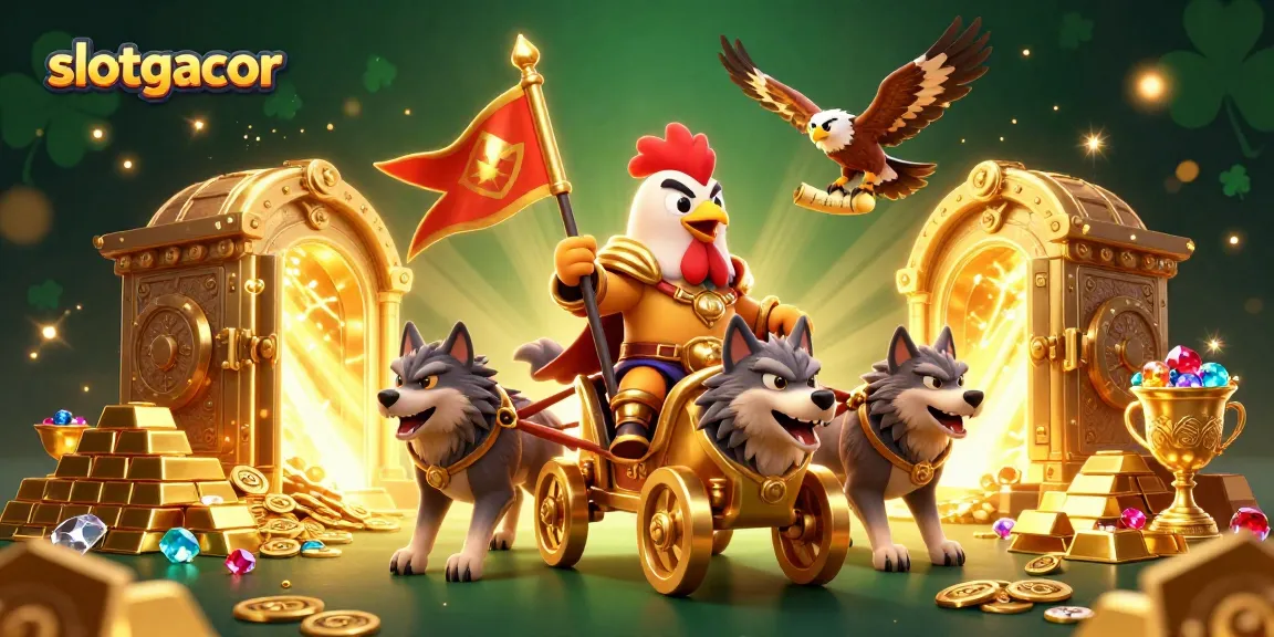Experience the thrill of slotgacor with a 3D cartoon rooster warlord amidst golden treasures