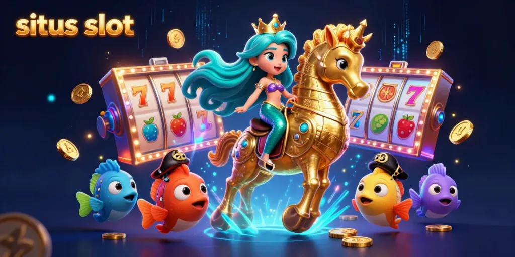 Visualisasi mermaid dan kuda laut dengan elemen situs slot berkilau yang menyemarakkan suasana perjudian.