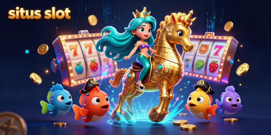 Visualisasi mermaid dan kuda laut dengan elemen situs slot berkilau yang menyemarakkan suasana perjudian.
