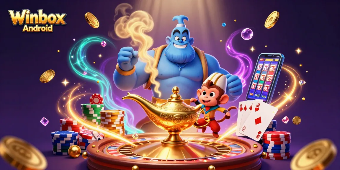 Winbox Android app offers convenient gaming, featuring a genie and poker elements in this vibrant illustration.