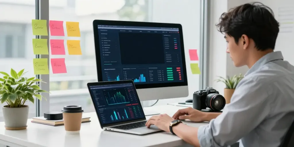 Professional in a modern office analyzing sabi4d digital marketing strategies