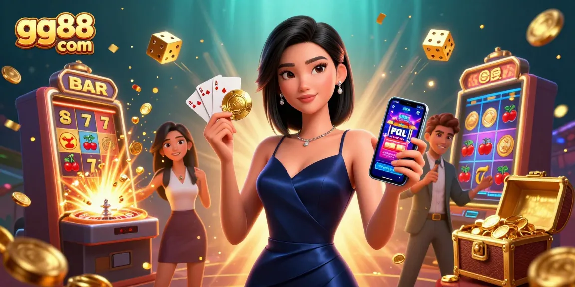 Win big with gg88 com at a vibrant online casino featuring a stunning woman, golden chips, and lively slot machines.
