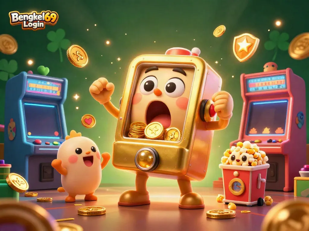 Engage with Bengkel69 Login as a golden slot machine celebrates hitting a jackpot surrounded by cheering baby slots and vibrant arcade games.