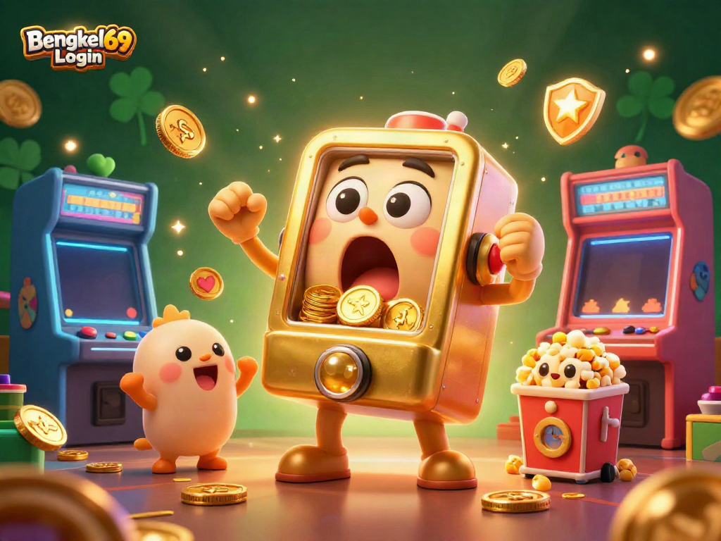 Engage with Bengkel69 Login as a golden slot machine celebrates hitting a jackpot surrounded by cheering baby slots and vibrant arcade games.