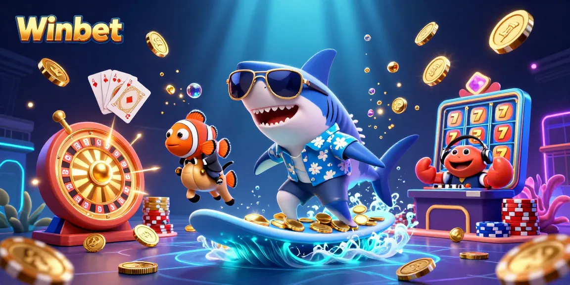 Winbet showcases an energetic scene with a hammer-head shark surfing gold coins, perfect for gamblers.