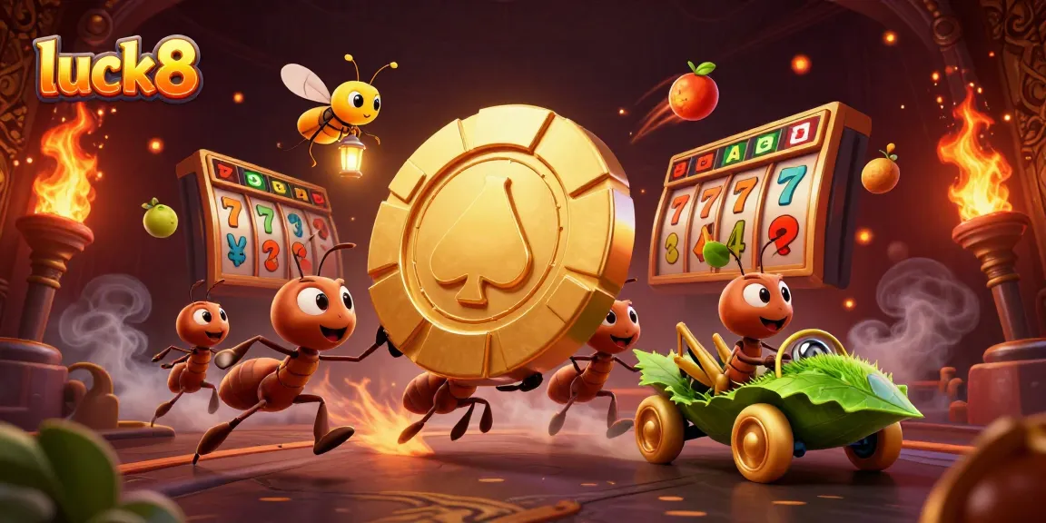 Luck8 offers exciting slot adventures, showcasing cartoon ants on a heist amidst vibrant gaming elements.