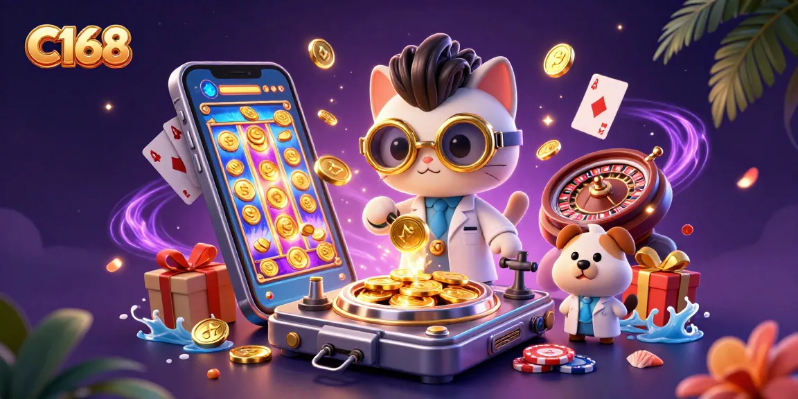 C168 promotional illustration with a mad scientist cat and assistant dog creating gold coins, surrounded by casino elements.