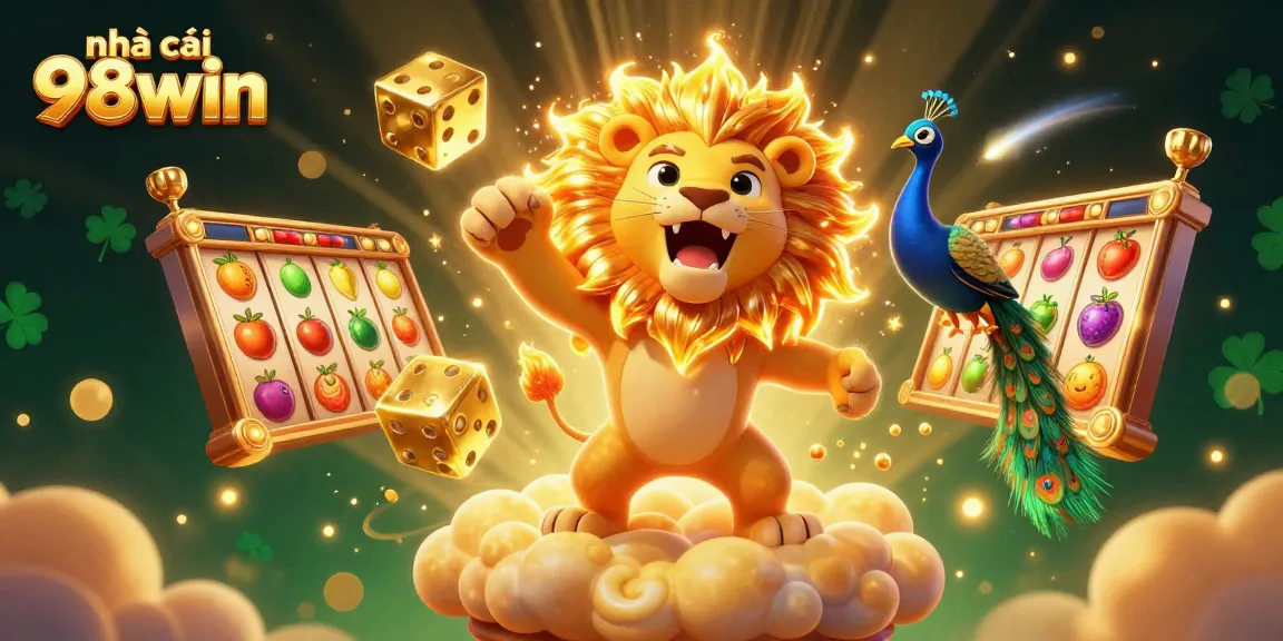 The dynamic illustration showcases nhà cái 98win with a roaring sun lion and dazzling slot elements, embodying premium online gaming.