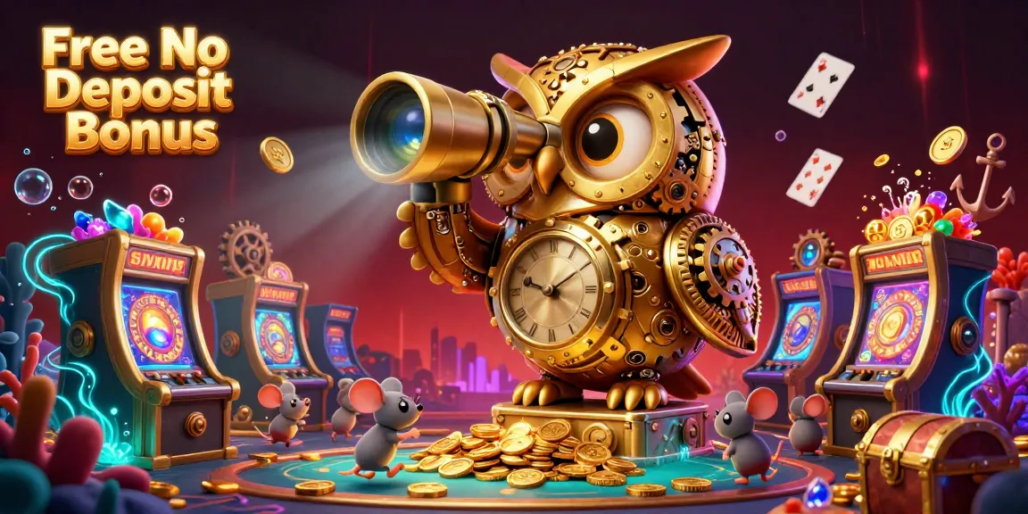 Engage with the vibrant world of online gaming featuring a Free No Deposit Bonus with cartoon characters and casino elements.