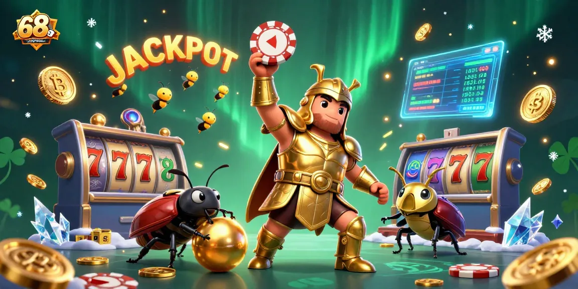 Win big at 68gamebai with the victorious 3D beetle lifting a poker chip, symbolizing thrilling jackpots!