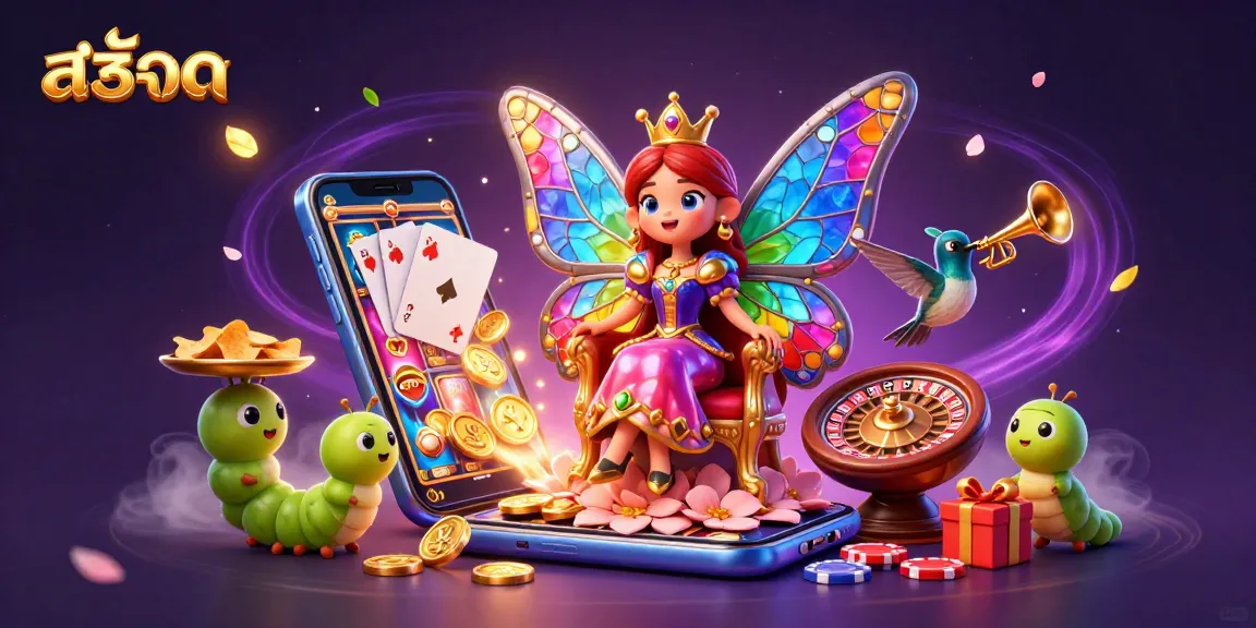 Engage inเล่นสล็อต experiences with a vibrant 3D scene featuring a cartoon butterfly queen and gaming elements.