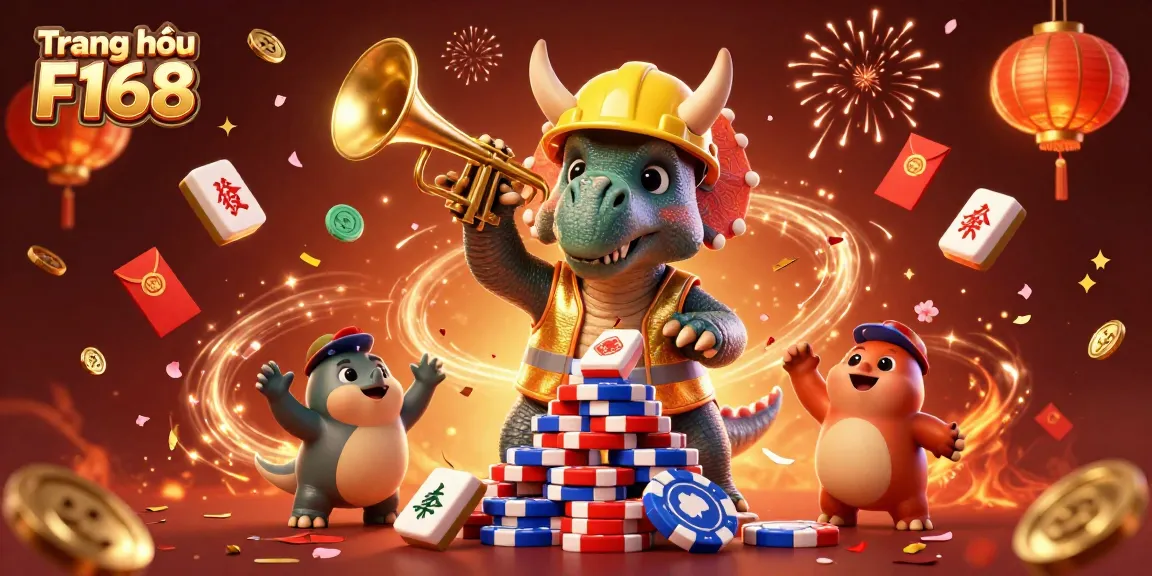 Experience the excitement on Trang chủ F168 with a vibrant illustration of playful dinosaurs celebrating casino wins.