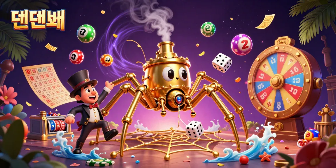 Experience the excitement at 텐텐벳 with dynamic lottery balls and a whimsical spider catching dice.