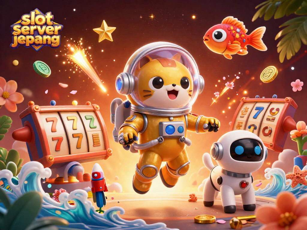 Engage with slot server jepang in this vibrant 3D illustration featuring a cat astronaut and robot dog.