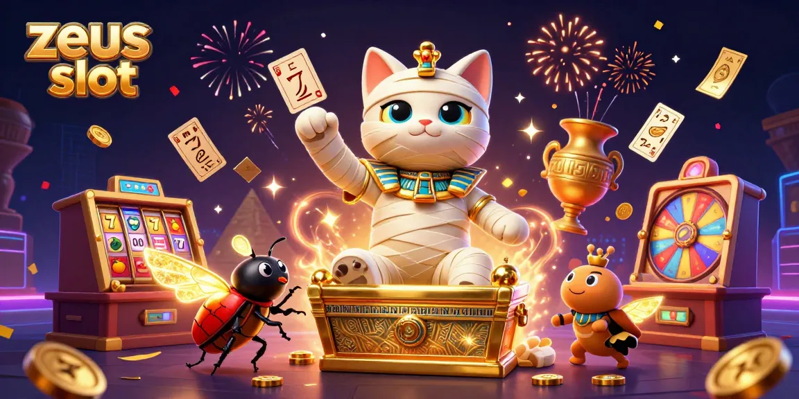 Experience exciting gameplay in zeus slot as animated characters of a mummy cat and scarab beetle engage with vibrant casino elements.
