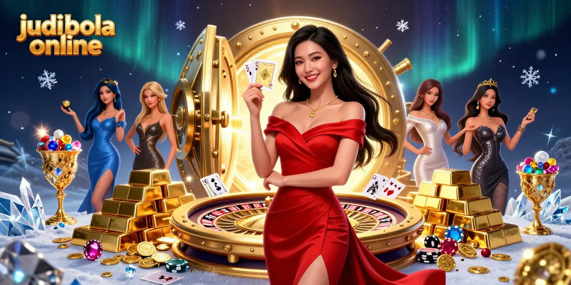Engage in judi bola online with a dynamic scene showcasing a beautiful Asian woman by a golden roulette wheel and rich treasures.