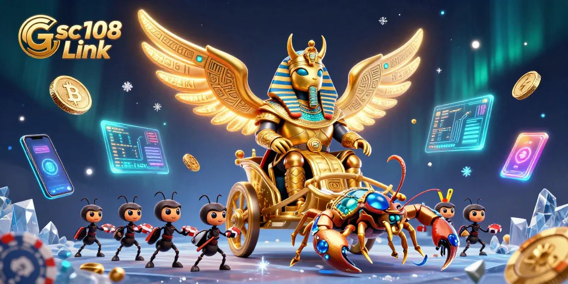 Menangkan Gsc108 Link dengan ilustrasi kasino 3D yang menampilkan karakter dan elemen terkait cryptocurrency.