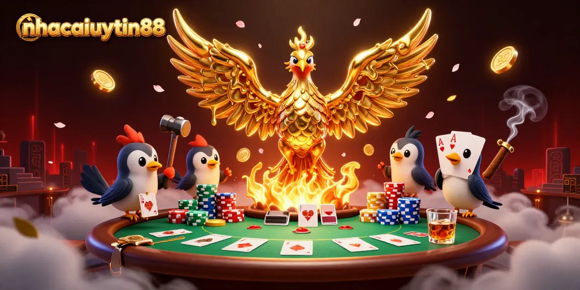 Engage with exhilarating gameplay at nhacaiuytin88, featuring a molten gold phoenix and poker ambiance.