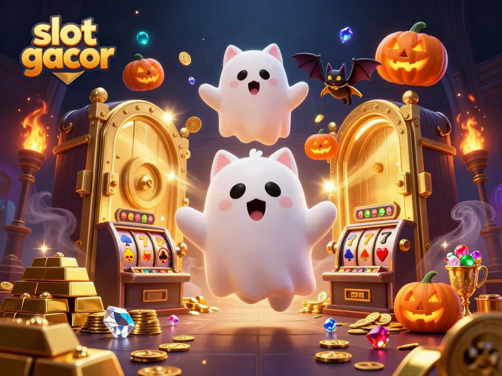 Experience the thrilling world of slot gacor with a ghost cat, bat companion, and glowing jack-o-lanterns in a haunted casino scene.