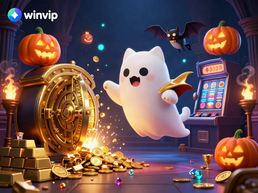 Engage with winvip in a vivid haunted casino scene featuring a ghost cat and vampire bat.