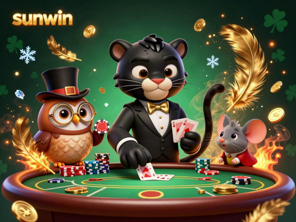 Sunwin showcases a stylish black panther dealer, an owl with poker chips, and a lucky mouse in a vibrant casino scene.