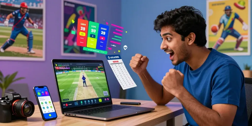 Engaged user exploring lotus365 betting exchange with live cricket match display