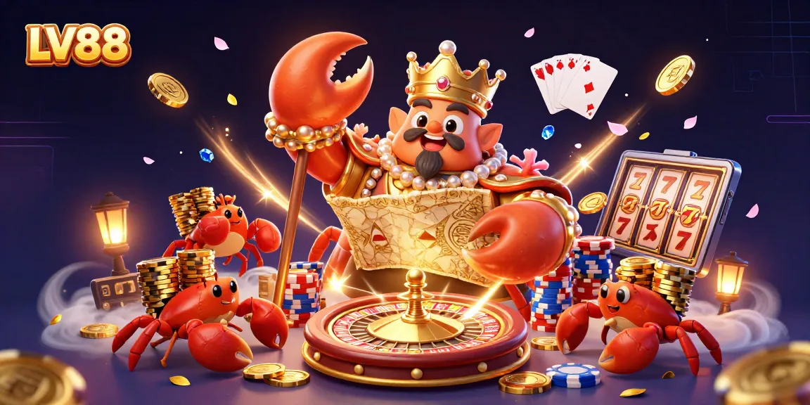 Engage with LV88's vibrant gaming scene featuring majestic crab emperor and treasure-holding characters.