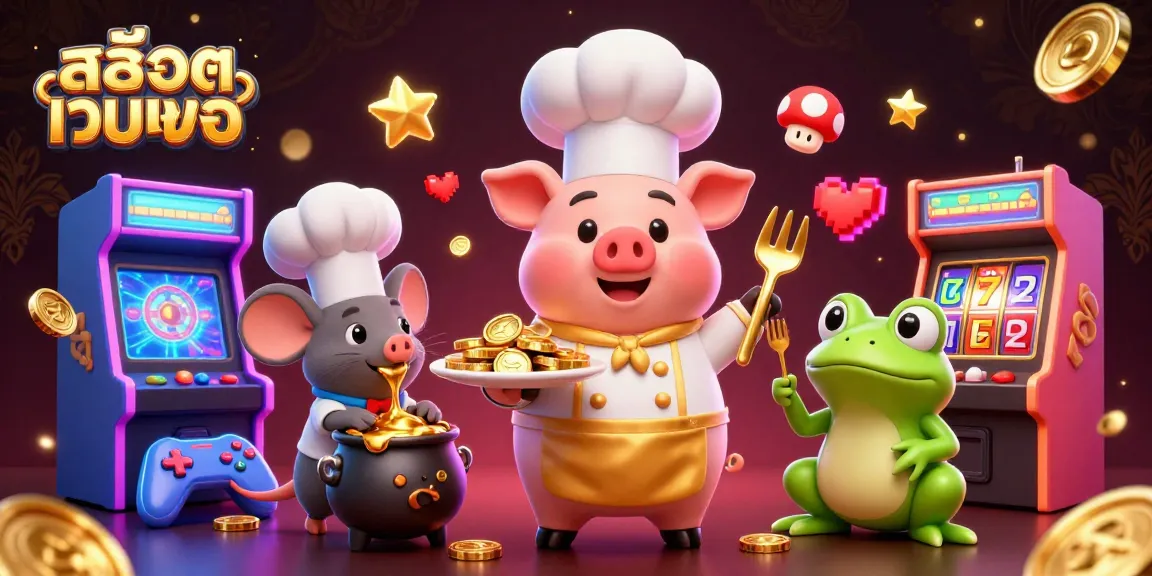 Engage with สล็อตเว็บตรง as a vibrant 3D scene featuring animated characters serving gold coins amidst bustling casino game elements.