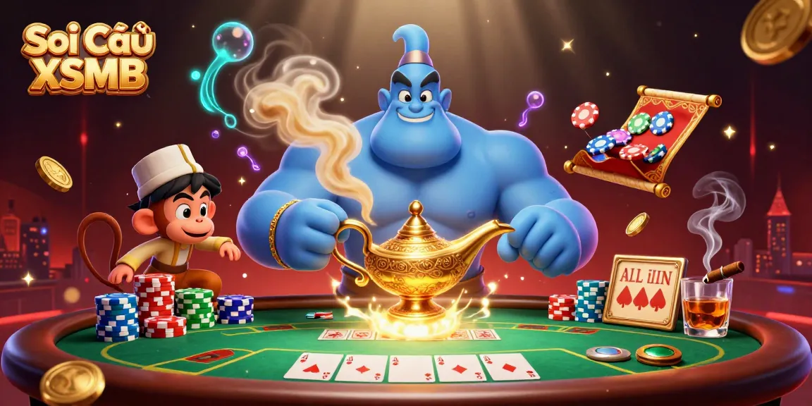 Soi Cầu XSMB illustrated with a genie, monkey, and poker chips in a vibrant casino scene.