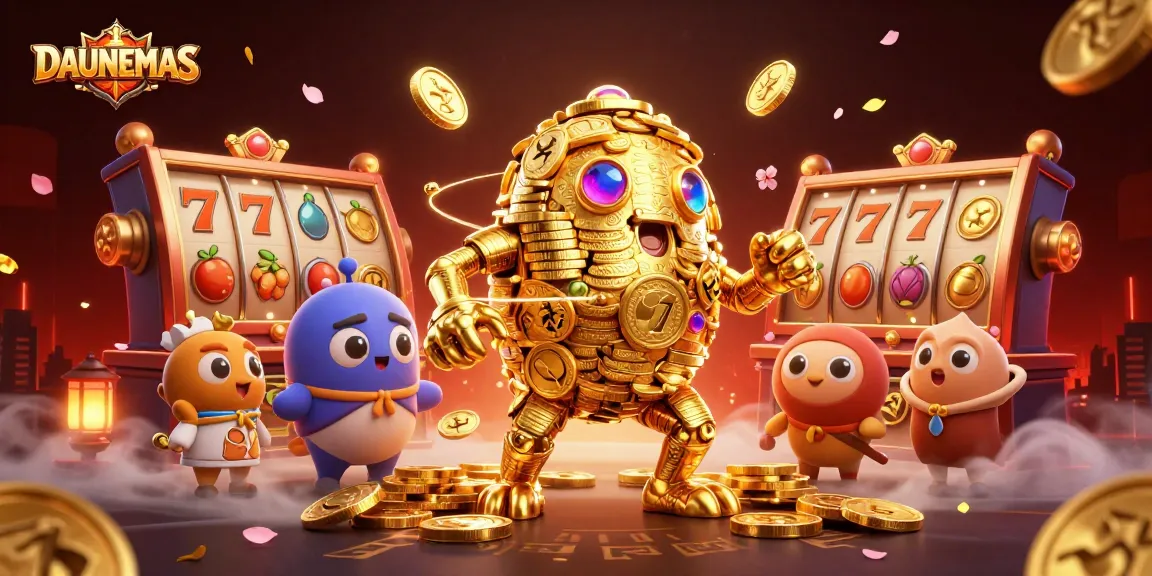 Engage with DAUNEMAS through a vibrant illustration of an ancient golden golem and slot reels.