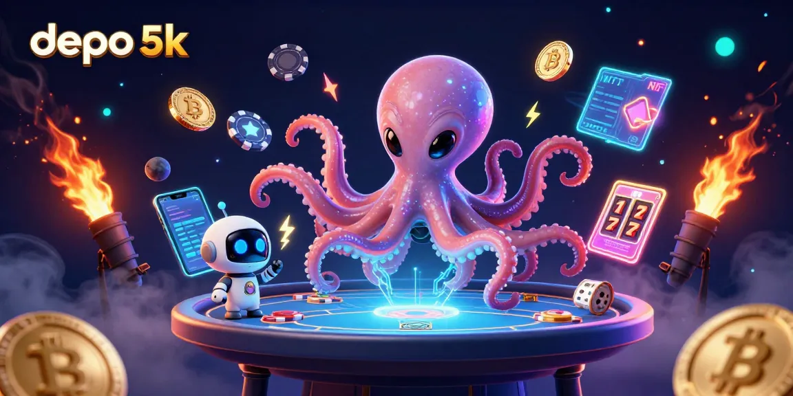 Engage in the thrilling world of depo 5k with our vibrant 3D casino scene featuring an alien octopus at a holographic poker table.
