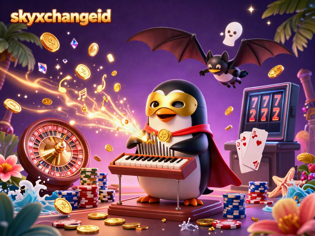 Experience the thrill of skyxchangeid Casino with this dynamic illustration of a penguin in a mask playing organ, shooting coins.