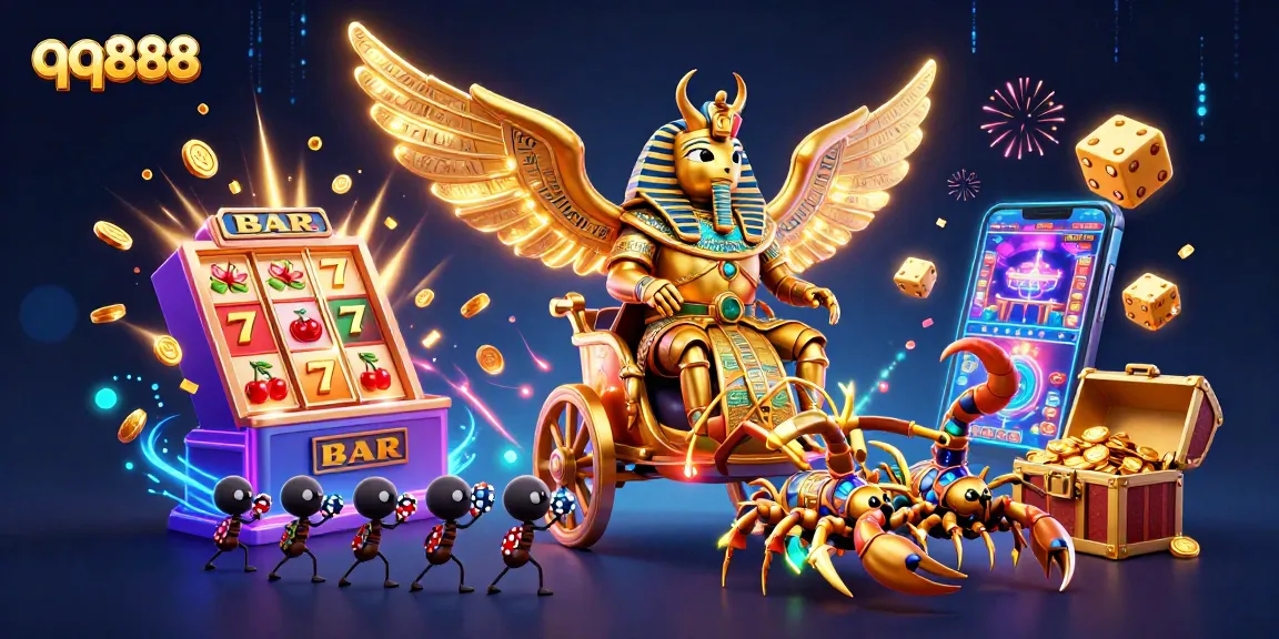 Experience the dynamic thrill of qq888 with a spectacular casino scene featuring golden symbols and vivid elements.