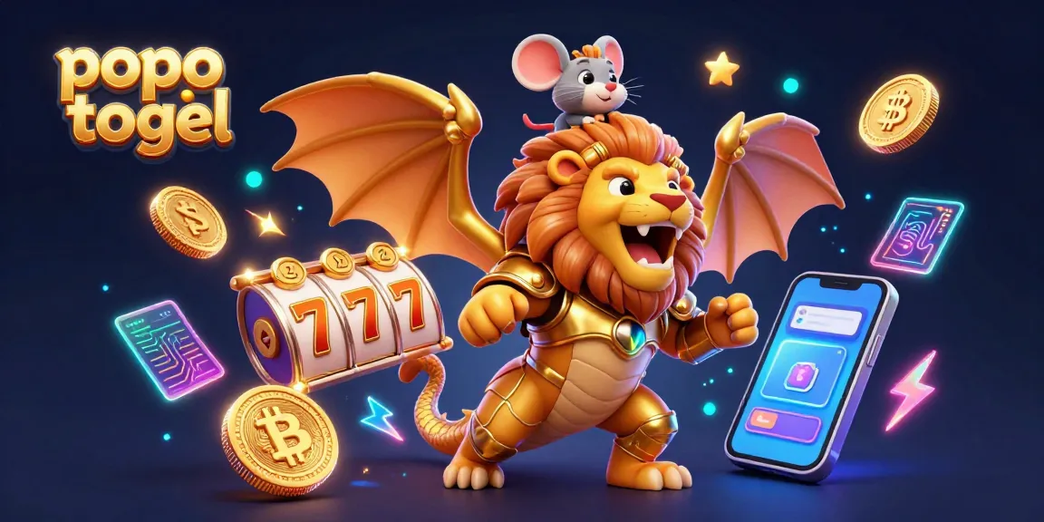 Experience the thrilling world of popo togel with a vibrant 3D illustration showcasing a golden chimera and dynamic casino elements.