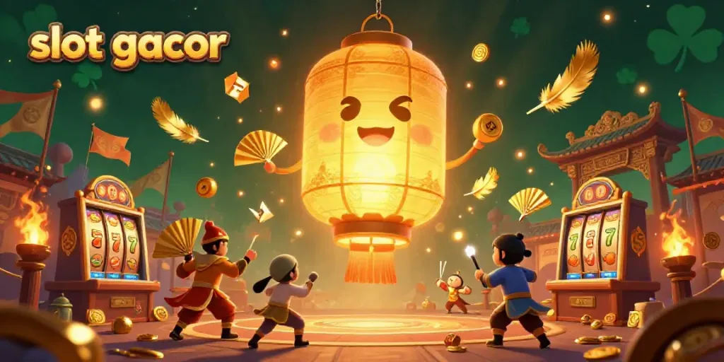 Engage with the slot gacor experience through a vibrant night market casino scene featuring a golden lantern spirit.