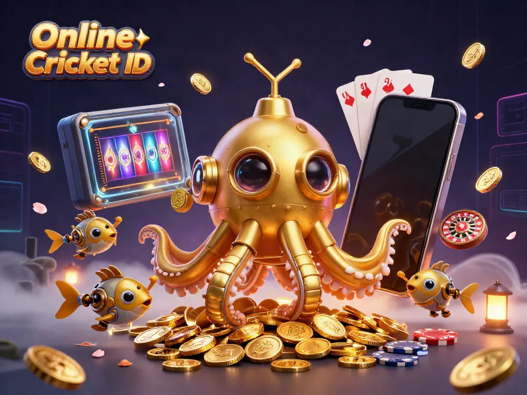 Engage in the thrill of Online Cricket ID betting with a vibrant 3D illustration featuring a golden kraken submarine and casino elements.