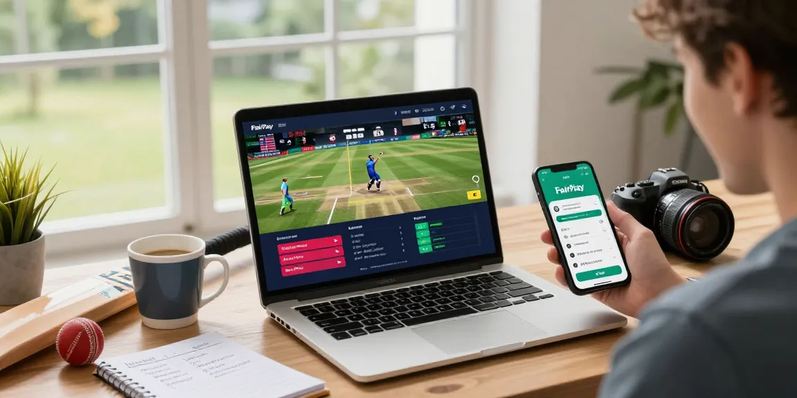 Engaging scene of a user placing a live cricket bet on FairPlay platform, showcasing excitement and modern home office setup.
