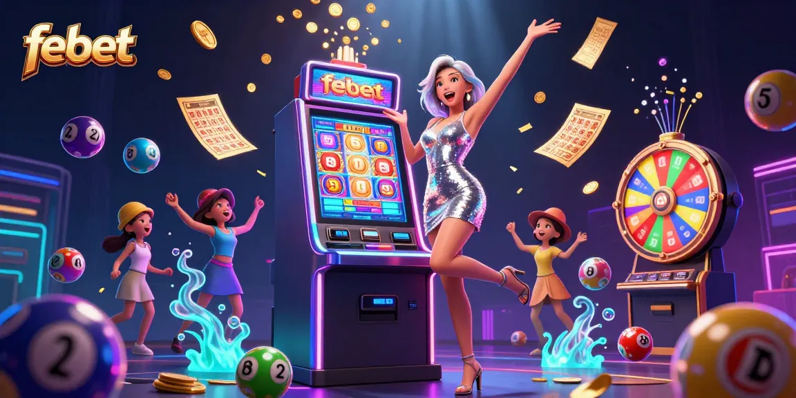Celebrate your win with febet at an exciting slot machine jackpot surrounded by dynamic casino elements.