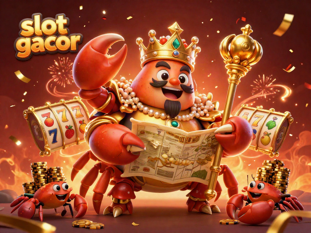 Permainan slot gacor dengan kepiting emas mega membawa tongkat kerajaan dan peta harta karun.